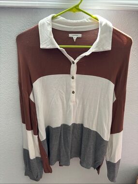 Maurices Brown White Gray Colorblock Button-Down Polo